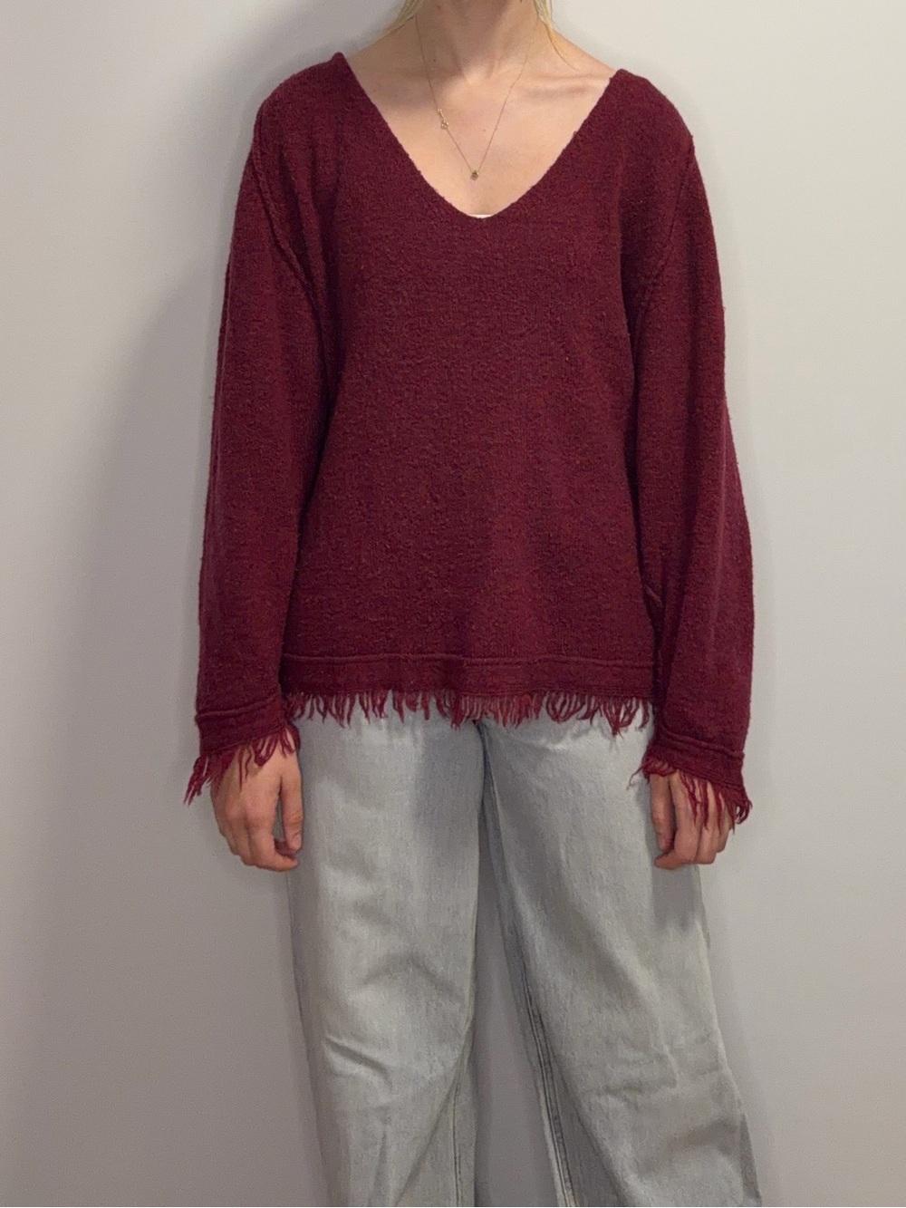 FREE PEOPLE Cozy V-Neck Fringe Sweater in Deep Wine